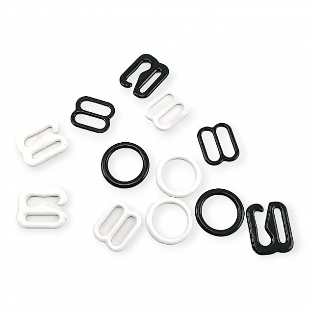 8 mm / 0.31" Bra Strap Adjustment Buckle - Hook and Ring Set of 3 Parts Metal Nylon Coated PIR720008