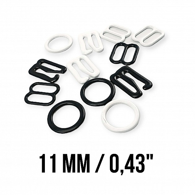 11 mm / 0.43" Bra Strap Adjustment Buckle - Hook and Ring Set of 3 Parts Metal Nylon Coated PIR720011