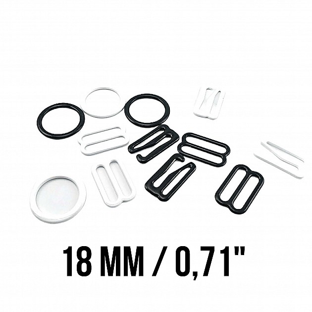 18 mm / 0.71"  Bra Strap Adjuster, Hook, and Ring Trio Set Metal Nylon Coated PIR720018